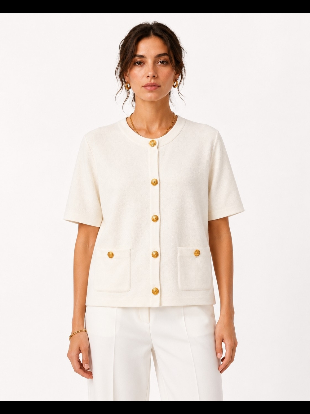 Zara Quiet Luxury Cream Knit Cardigan Gold Buttons XL